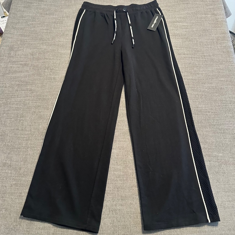 Karl Lagerfeld Paris Track Pants Women Small Black New Wide Leg Mesh Stripe